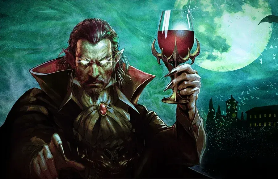 Vampire Crawlers promotional artwork with vampire character and cards