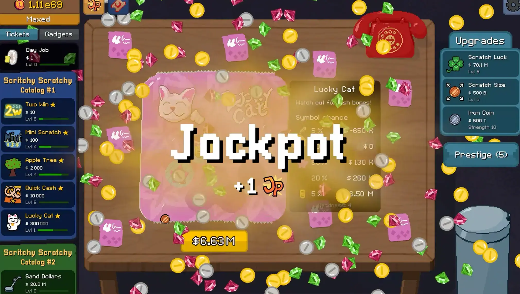 Scritchy Scratchy game interface showing scratch cards and upgrades