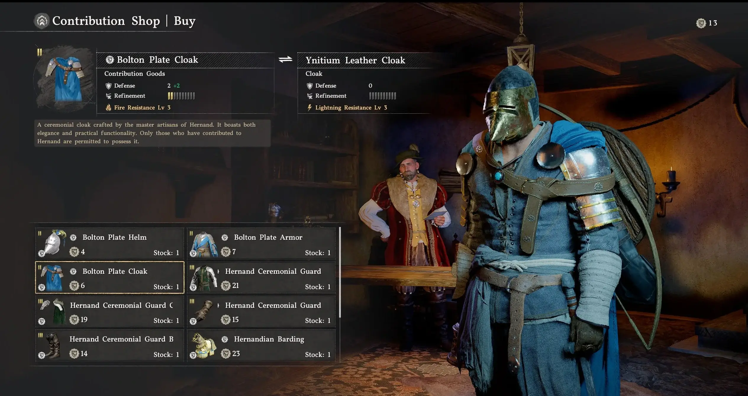 Crimson Desert contribution shop showing faction armor items and point costs