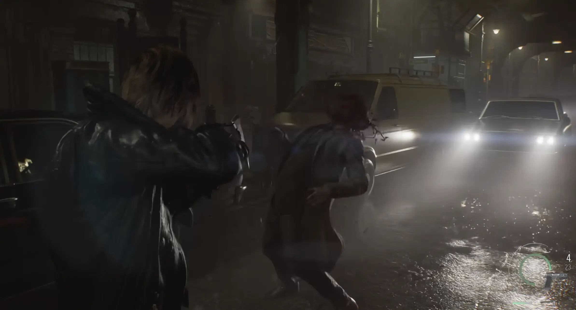 Leon S. Kennedy in third-person combat on the streets of Raccoon City