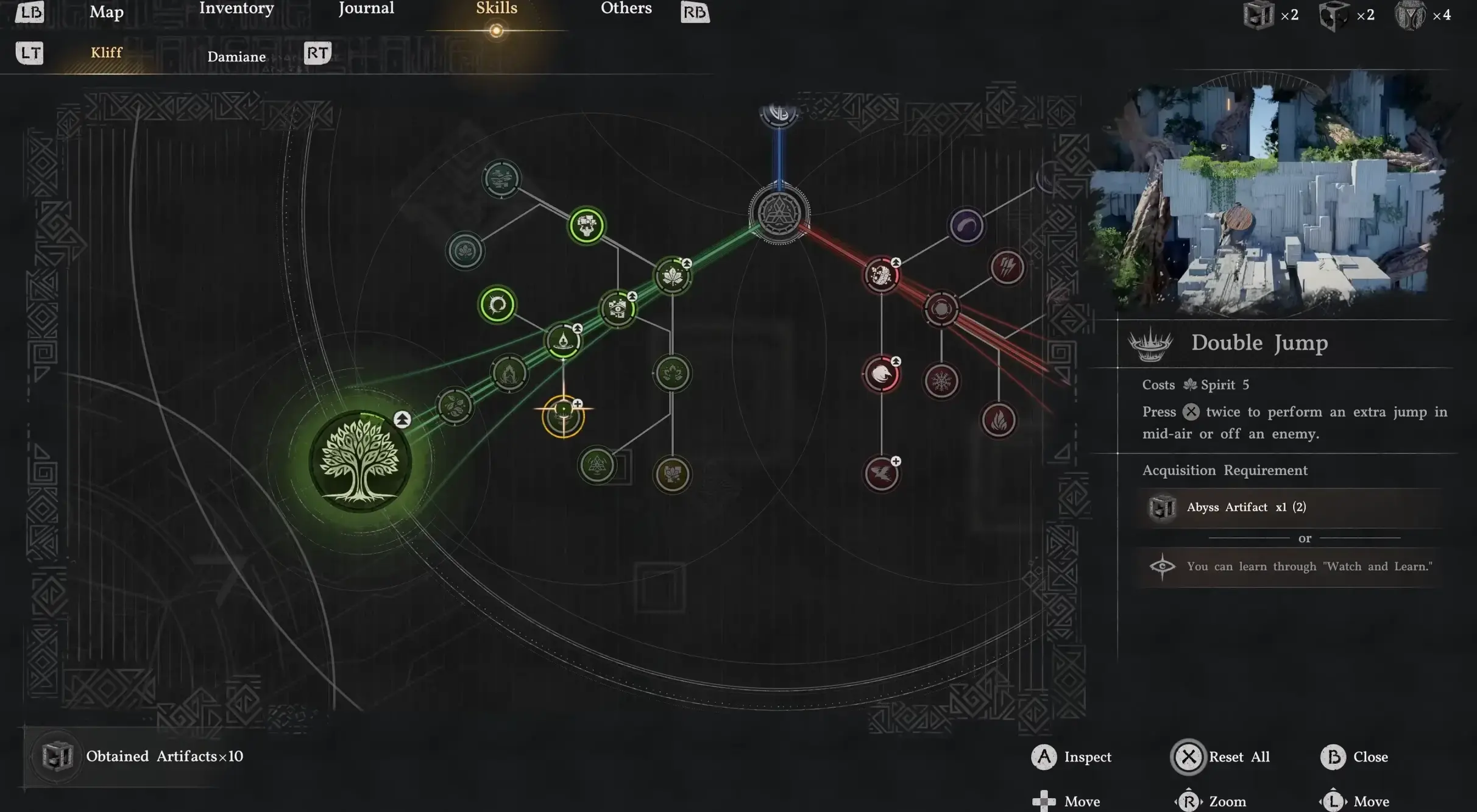 Skill tree showing observable skills with watch-and-learn icons in Crimson Desert