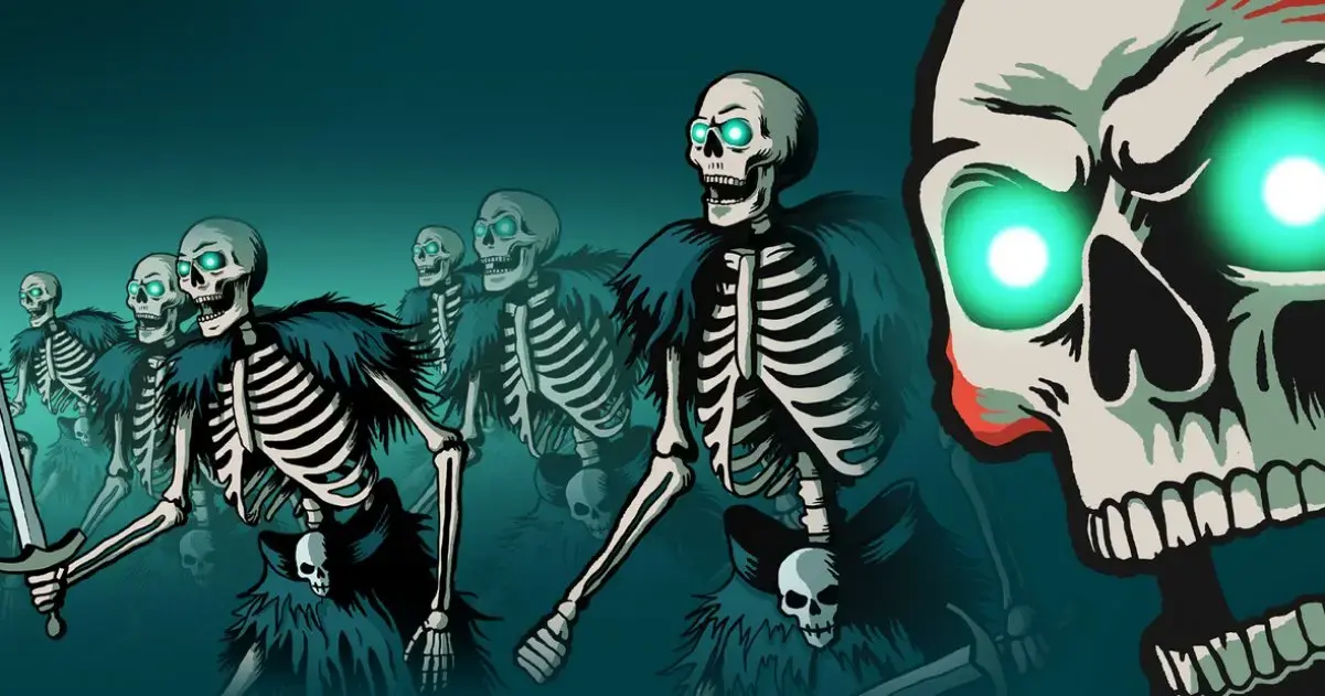 Skeleton army marching through dungeon with necromancer