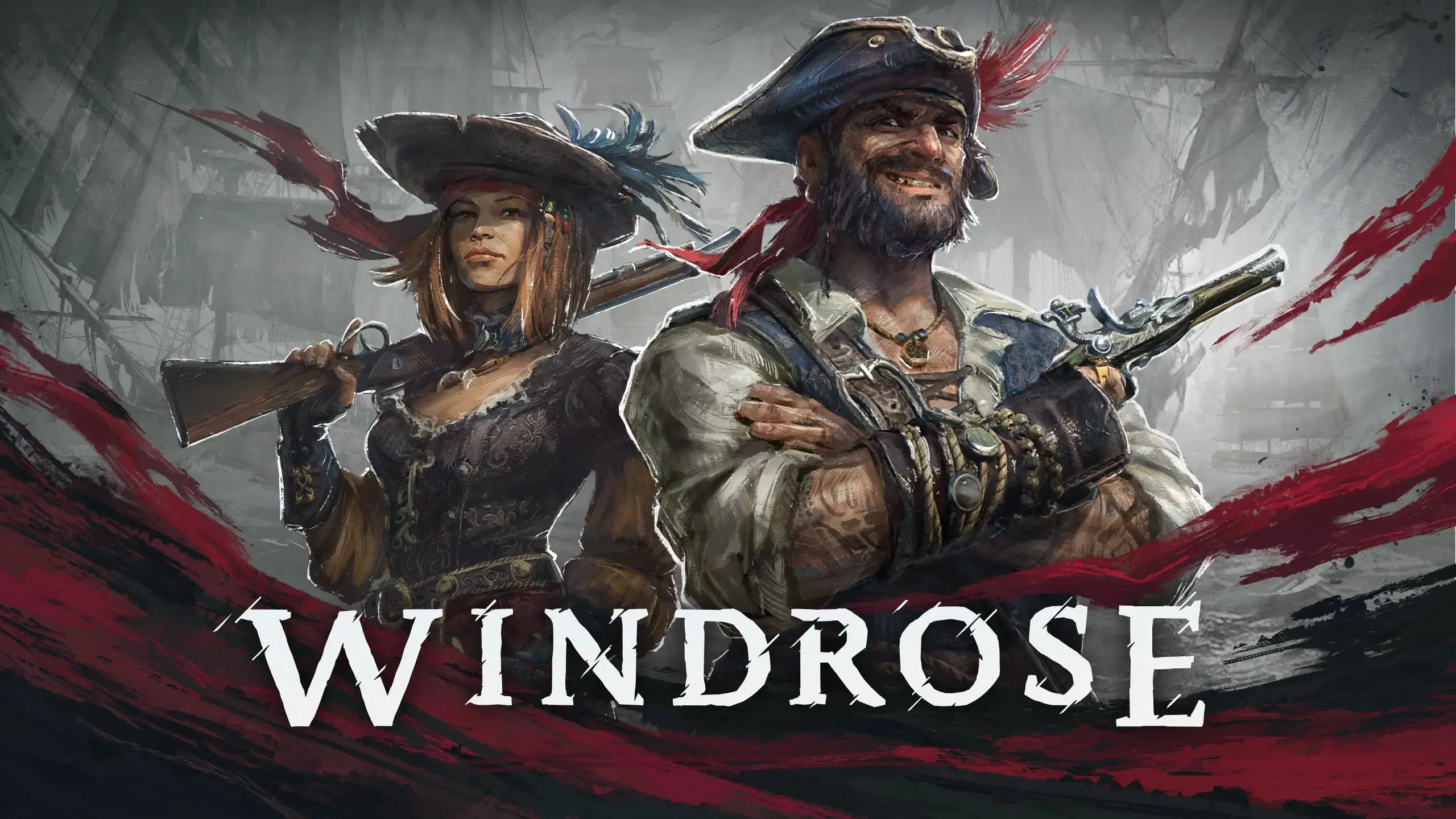 Windrose character standing in front of pirate ship at sunset