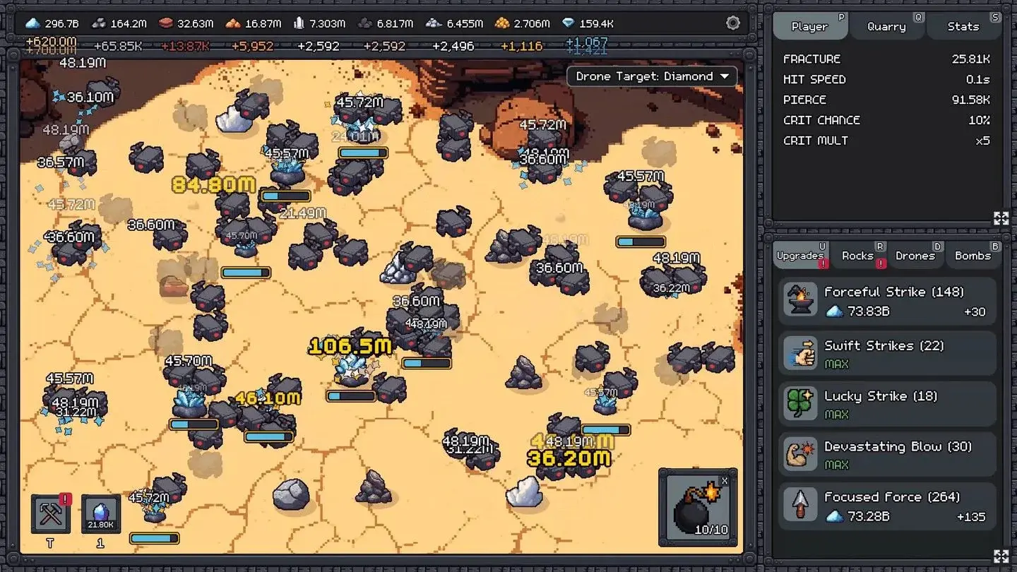 Fracture Field late-game quarry with drone fleet targeting Diamond layer rocks