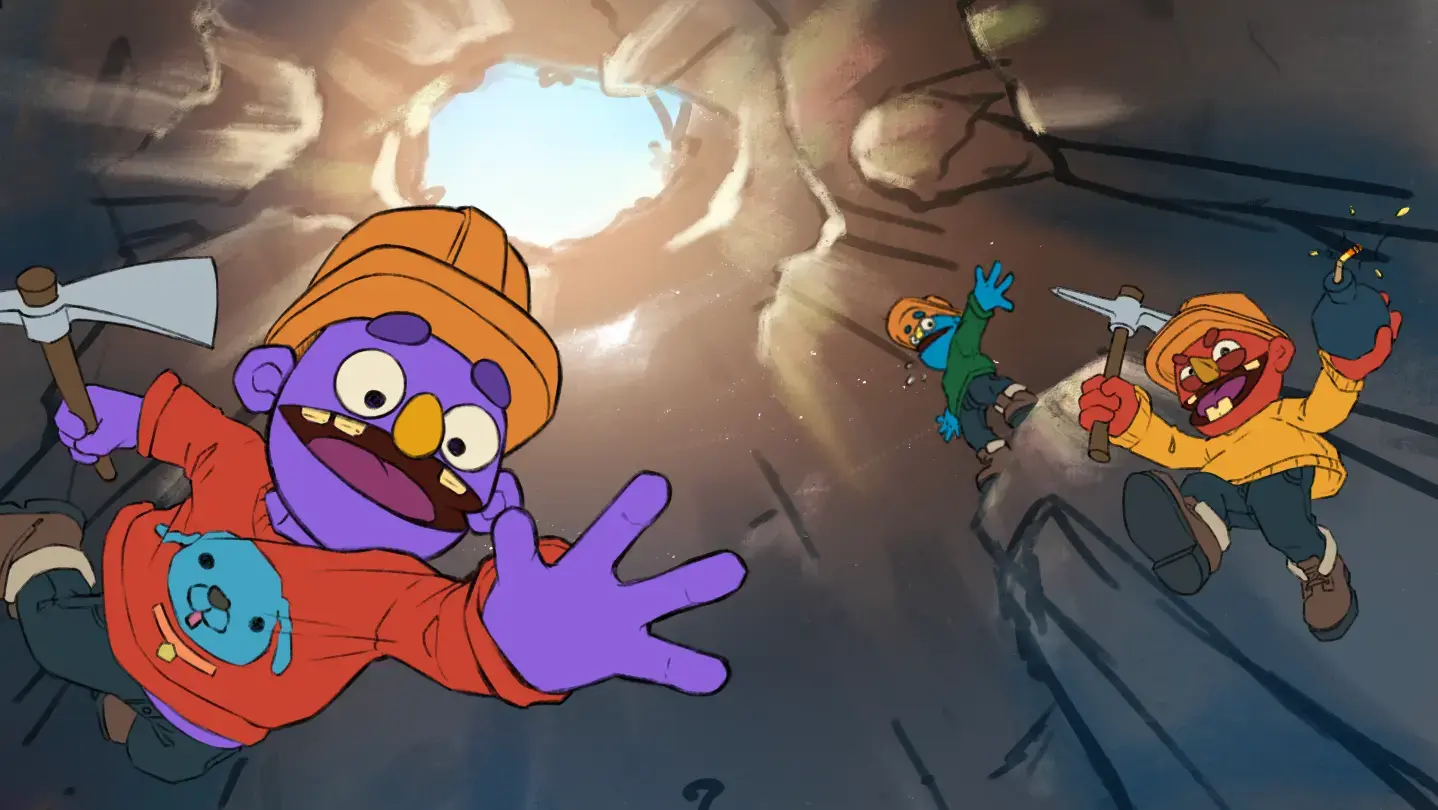 Pratfall team of four mid-fall through a cave chamber, one player catching another who is falling faster ahead