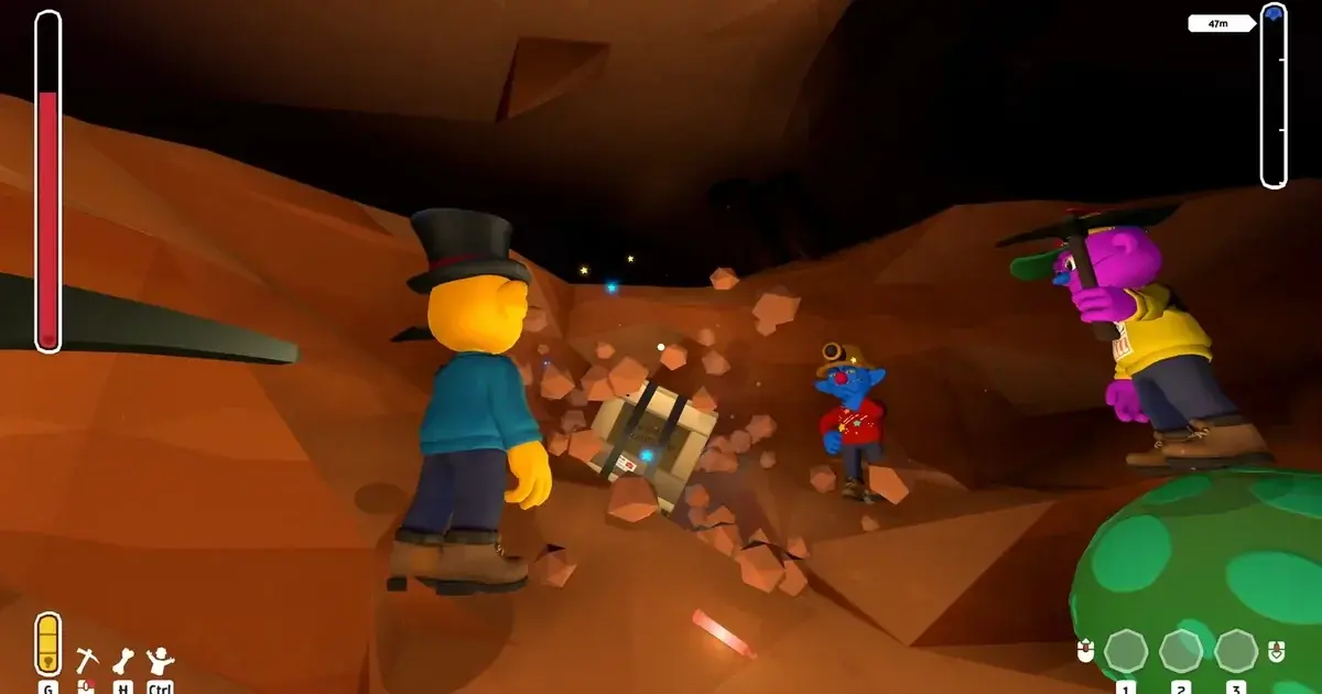 Pratfall four players falling through ice cave with flare light reflecting off frozen stalactites and slippery platforms below