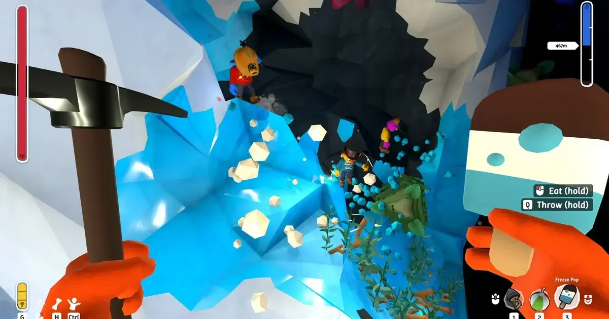 Pratfall team of four mid-fall through a cave chamber, one player catching another who is falling faster ahead