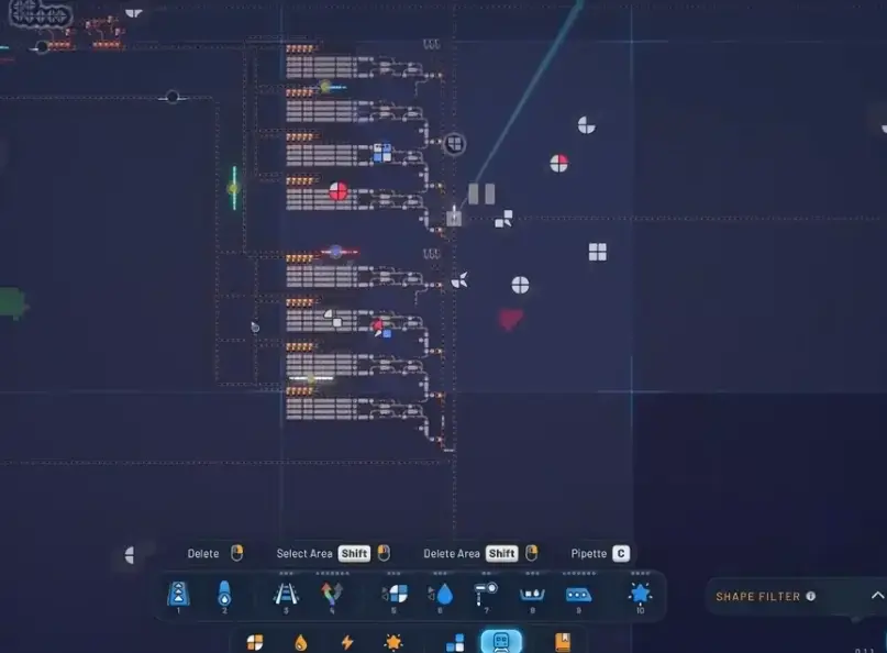 Shapez 2 1.0 MAM guide showing multiple Make Anything Machines and train-fed shape supply