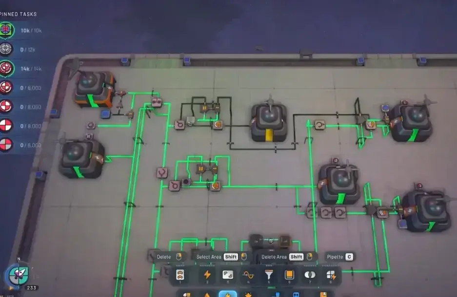 Shapez 2 MAM pin shape logic using null checks and gates for Make Anything Machine routing