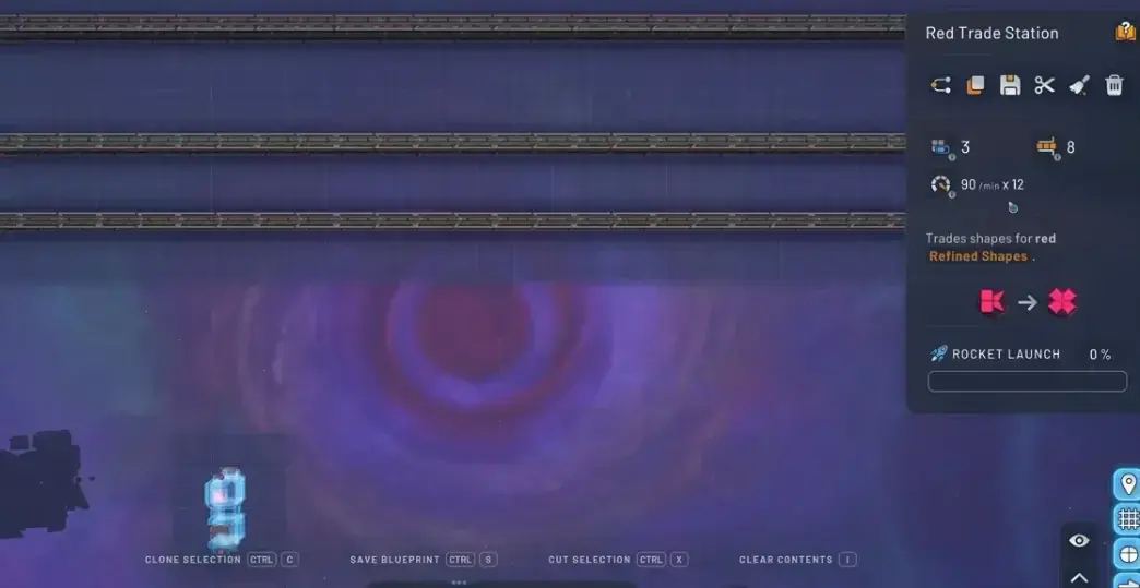 Shapez 2 Trade Station connected to Space Belts with ratios based on saturated Space Belt throughput