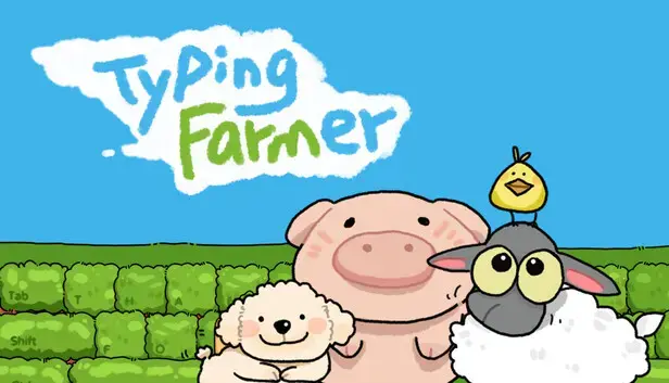 Typing Farmer gameplay showing cozy farm with typing-based crop growth mechanics