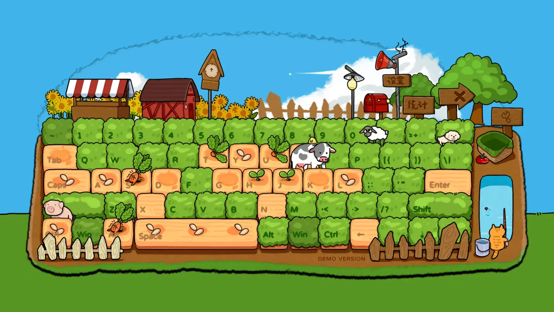 Typing Farmer gameplay showing cozy farm with typing-based crop growth mechanics