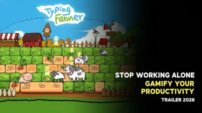Typing Farmer YouTube thumbnail showing gameplay and cozy aesthetic