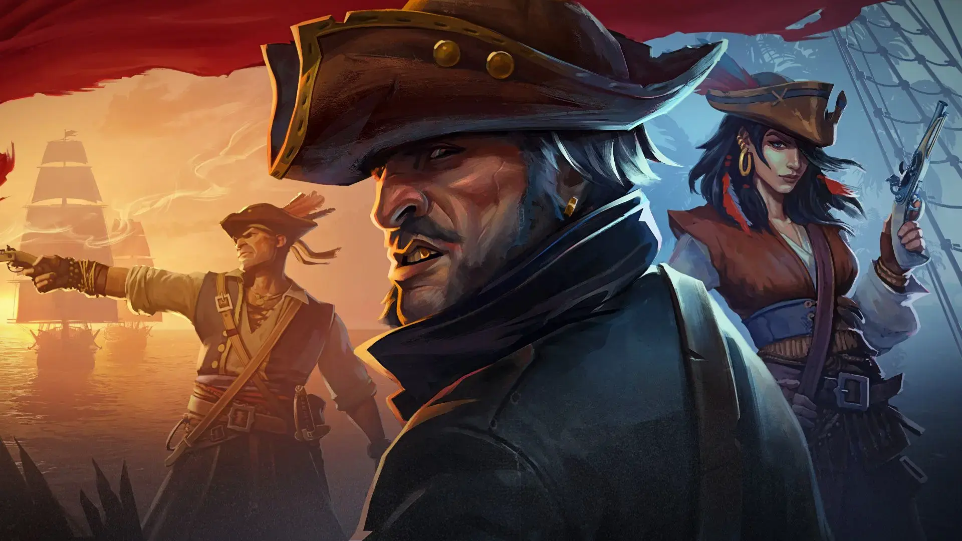 Windrose pirate character standing on ship deck at sunset