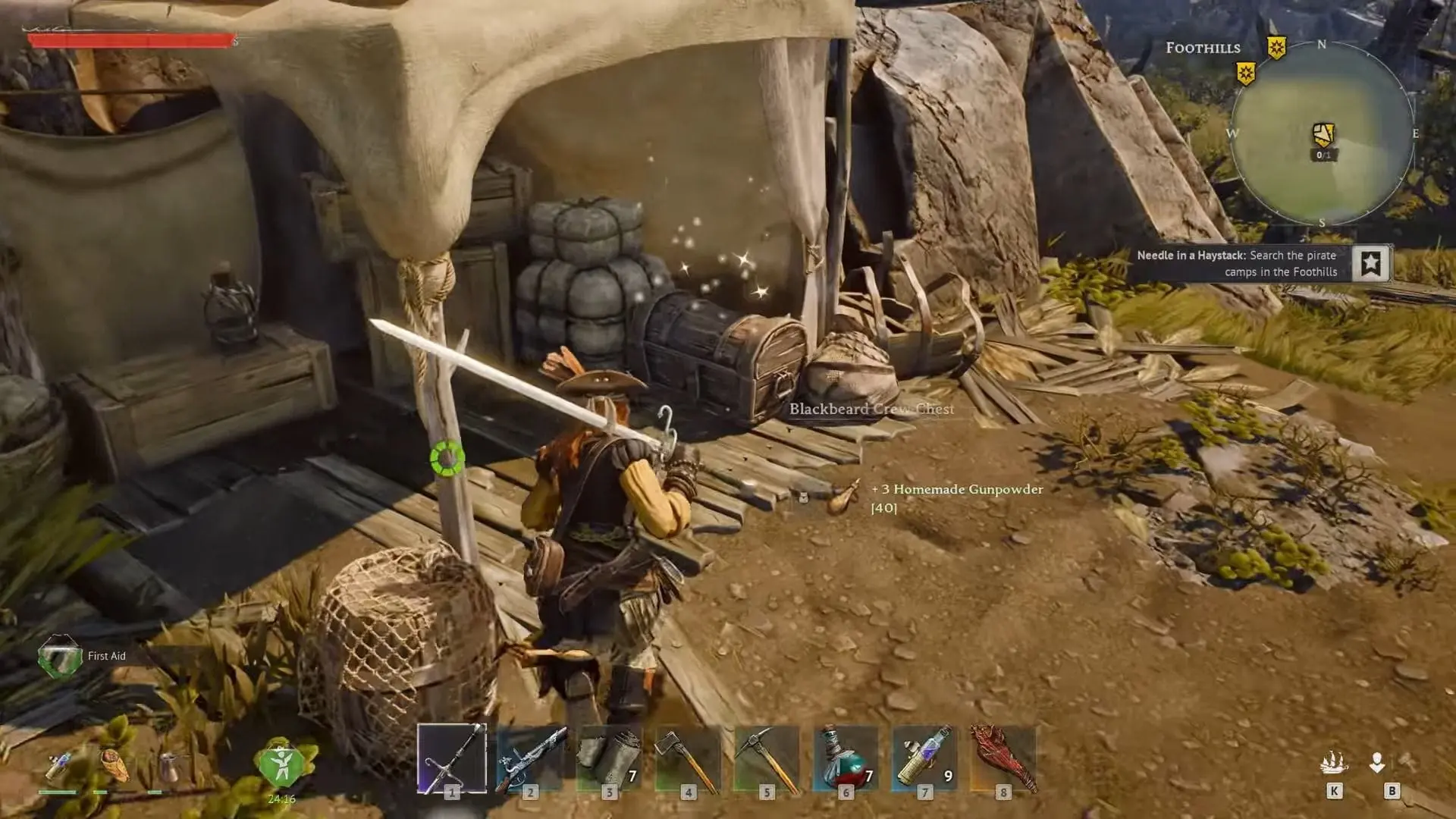 Windrose gameplay showing typical pirate survival scene with inventory UI