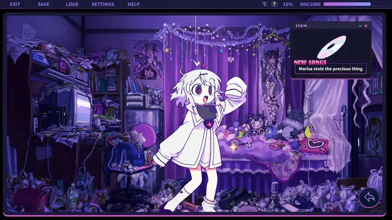 Gameplay screenshot of Yunyun Syndrome featuring a white-haired girl with spiral eyes in a cluttered, purple-lit bedroom