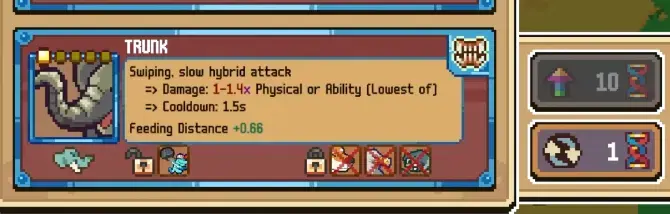 Trunk evolution tooltip showing hybrid damage and cooldown
