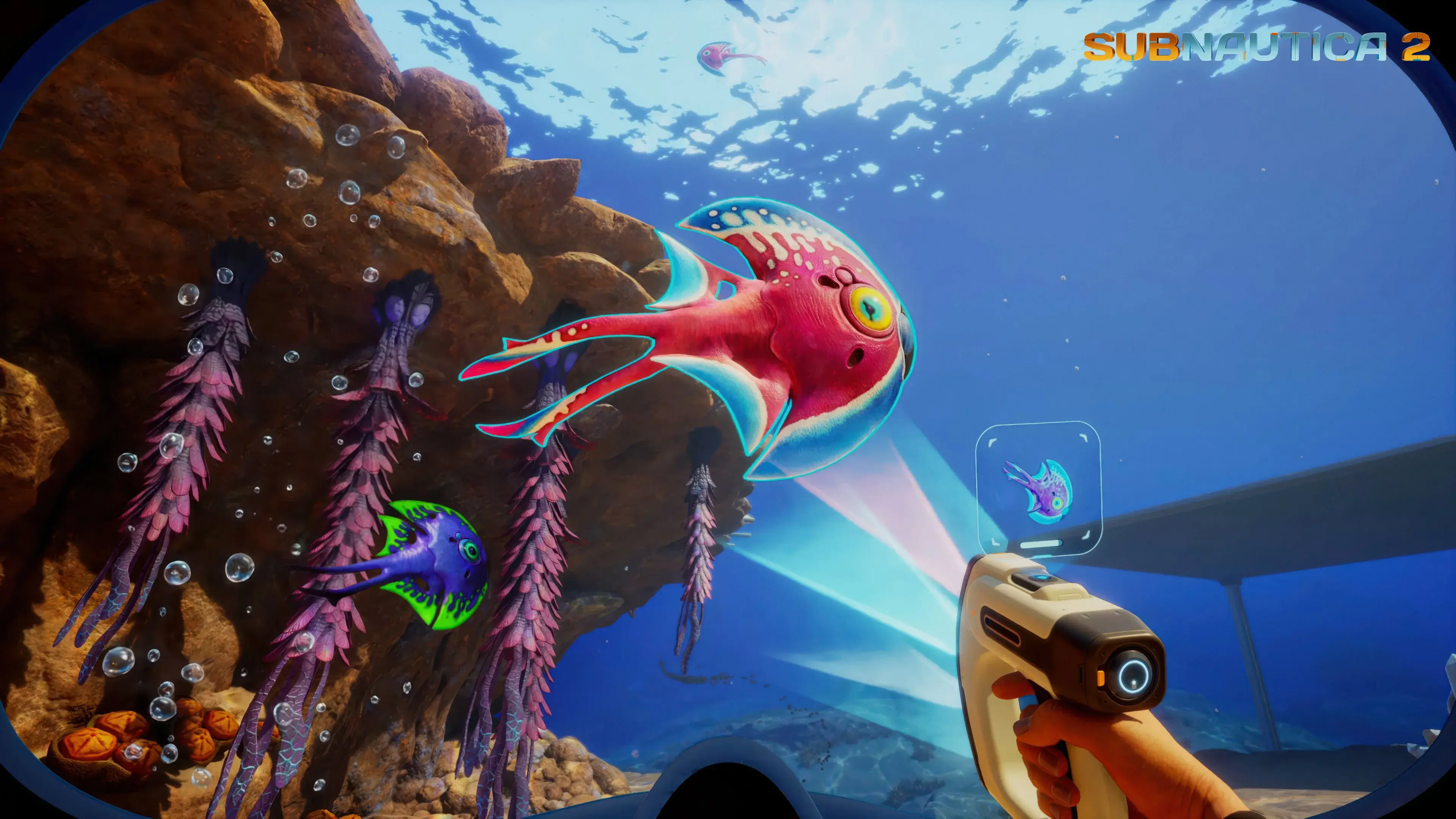 Subnautica 2 co-op team working on base construction together