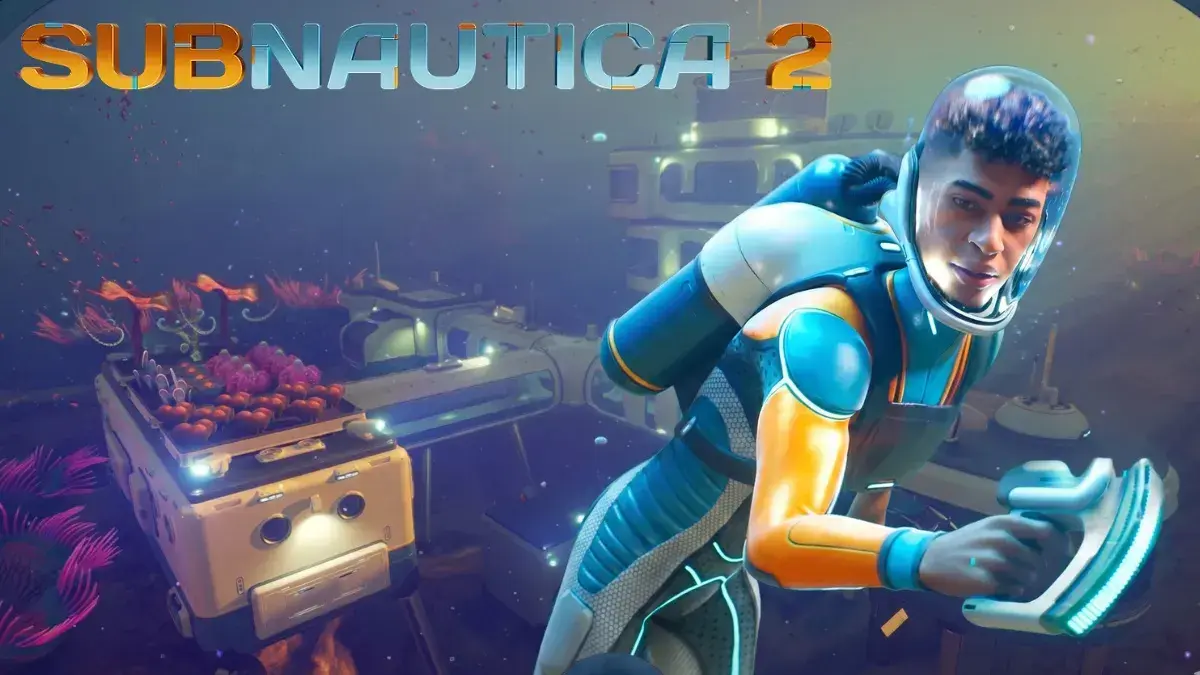 Split screen showing Subnautica 2 underwater and Mixtape nostalgic art style