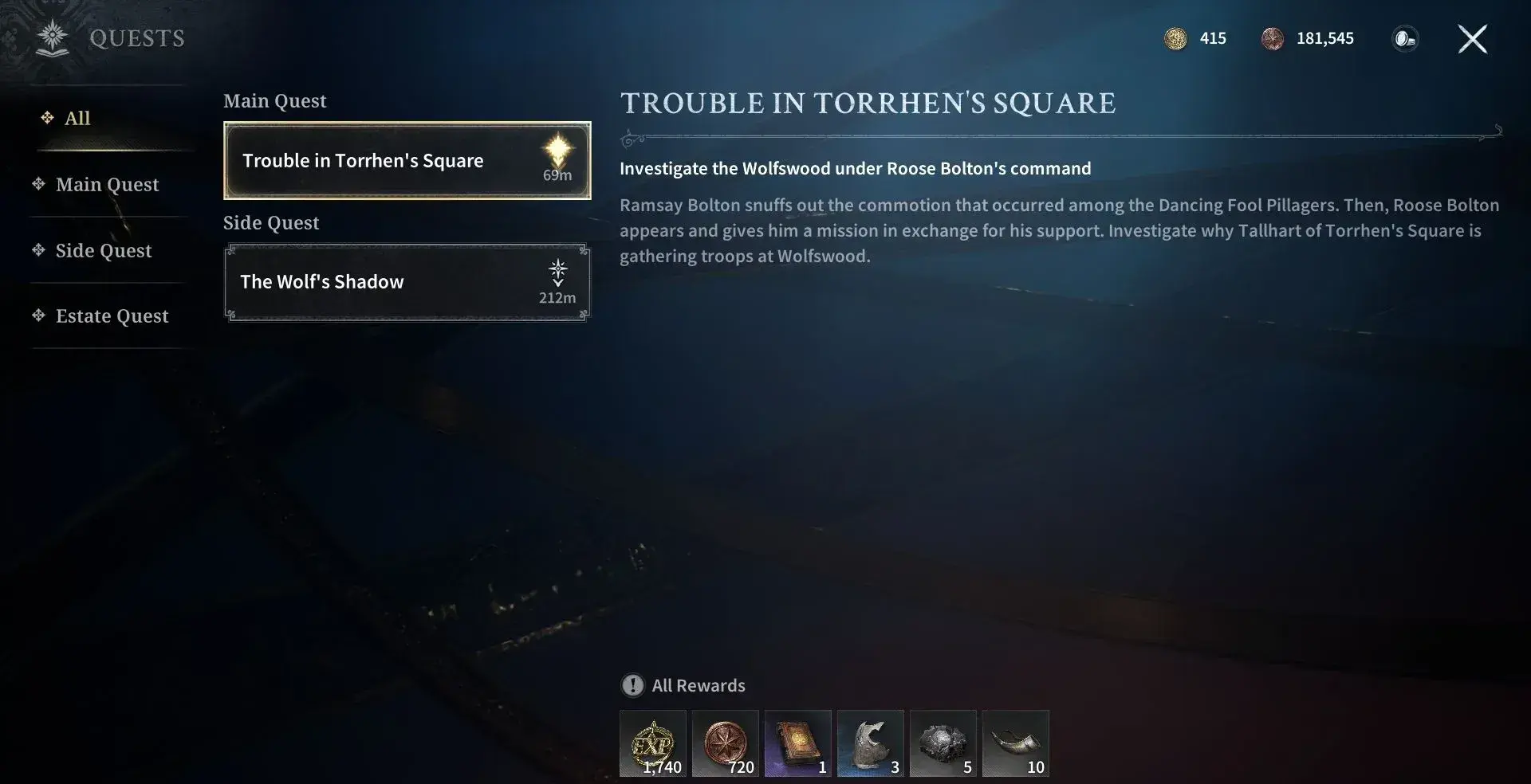 Kingsroad main quest menu showing quest tracking