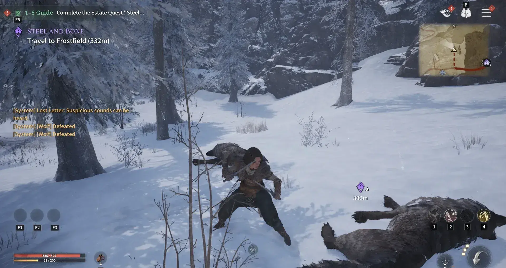 Assassin standing with daggers drawn over slain wolves in combat