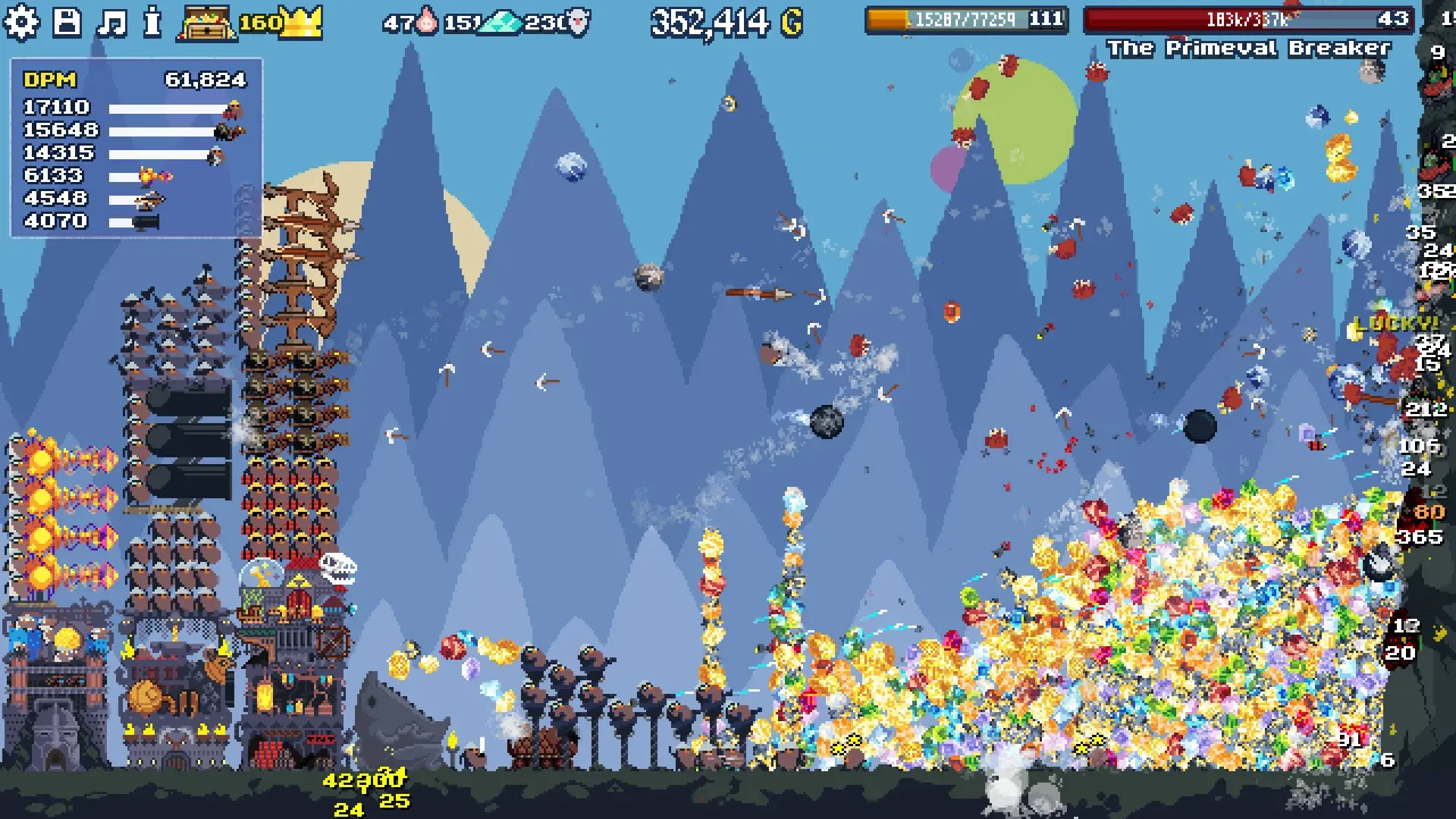 Dwarf Eats Mountain late-game screenshot showing multiple dwarf classes
