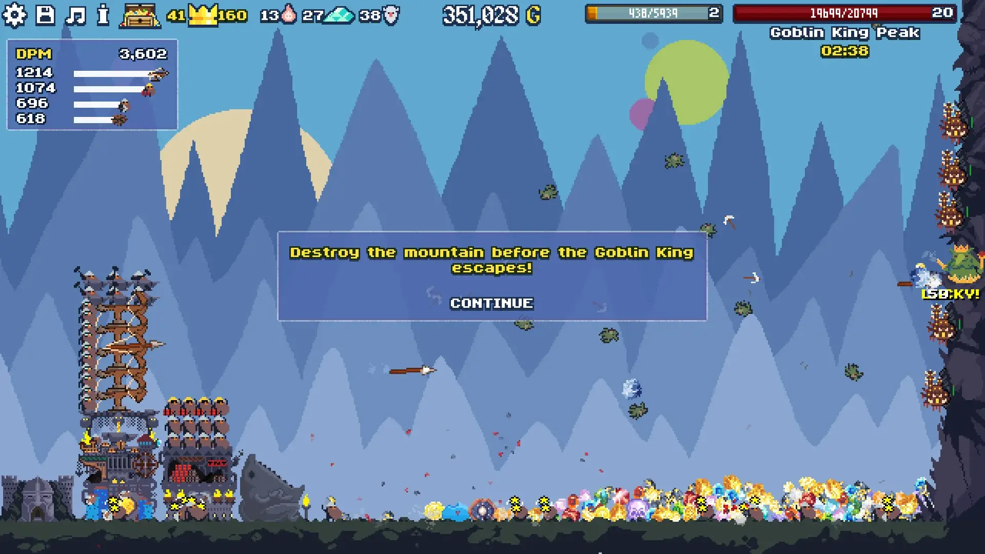 Dwarf Eats Mountain late-game screenshot showing multiple buildings and dwarves
