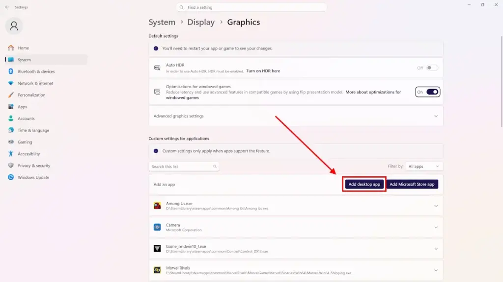 Selecting Desktop App type in Windows Graphics Settings