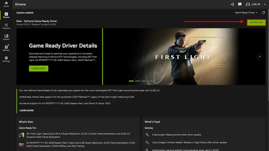 NVIDIA Game Ready driver update for 007 First Light
