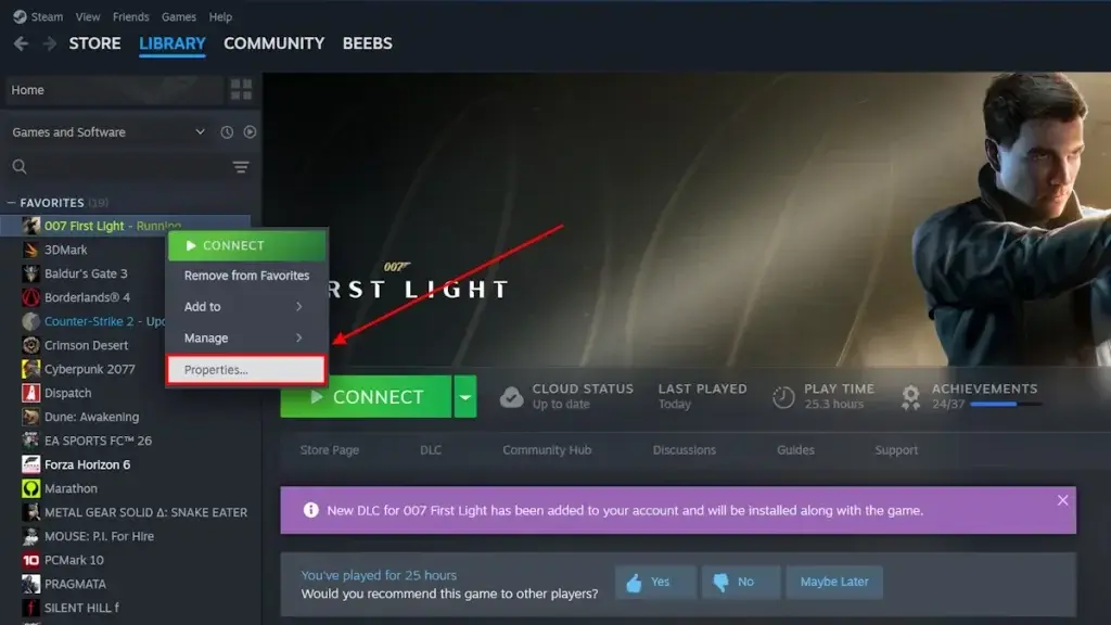 Right-clicking the game to access Properties in Steam