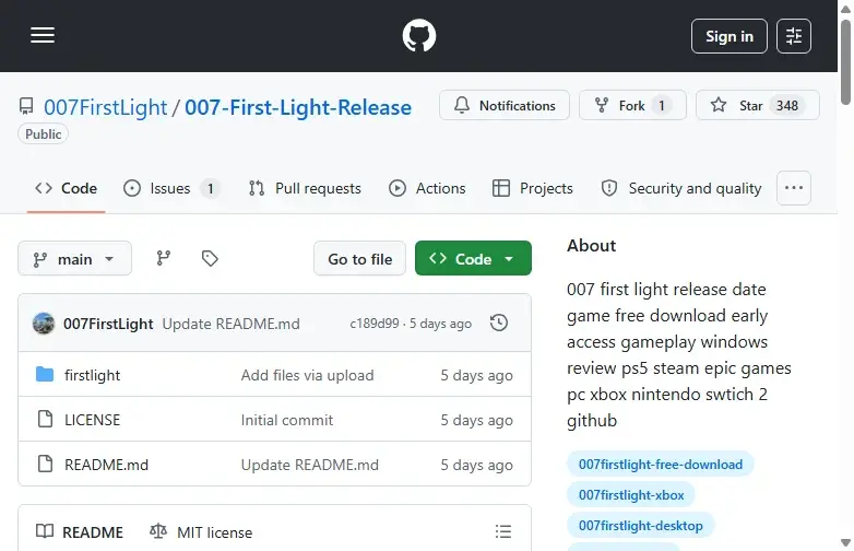 007 First Light GitHub main release repo page
