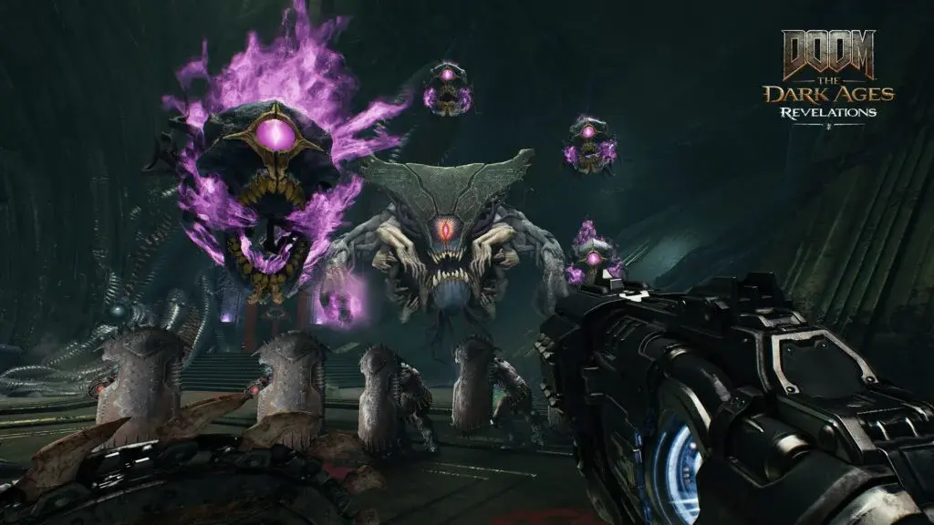 DOOM: The Dark Ages Revelations DLC key art showing the Slayer in frozen Hell with the Chain Spear