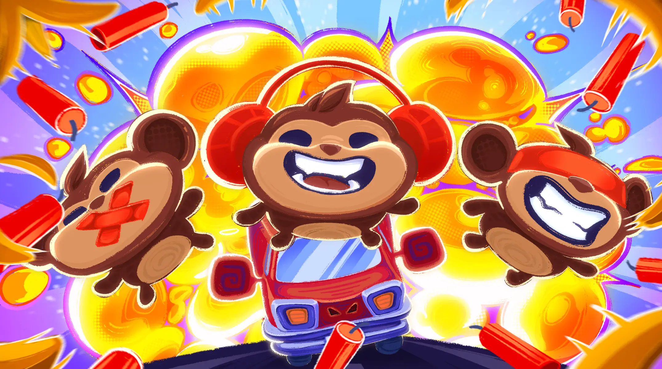 Three cartoon monkeys around a bomb module panel in BOMBANANA!